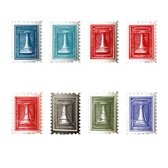 Six postage stamps, varying colors, with a common design