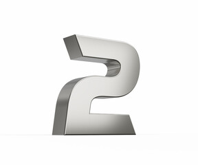 3d Silver number 2 Two sleek metallic look isolated on white background, 3d illustration