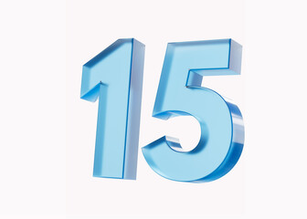 3d Glossy Blue number 15 or Fifteen isolated on white background. 3d illustration