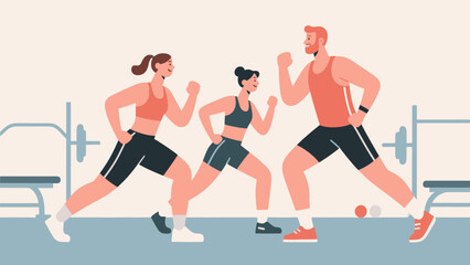 Doing warm-up exercises in the gym, hand-drawn vector illustrations