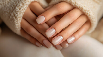 Naklejka premium Elegant hands with soft, neutral nail polish resting on a cozy sweater in a warm indoor setting