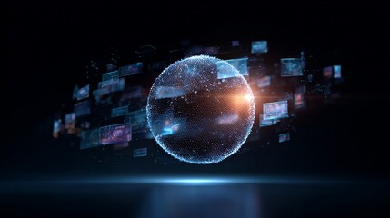 Artificial intelligence processing data from multiple screens floating around glowing sphere with network grid on dark background, representing global connectivity and data analysis