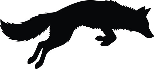 Minimal vector silhouette, leaping fox pounce arc, forelegs tucked, side profile, solid black