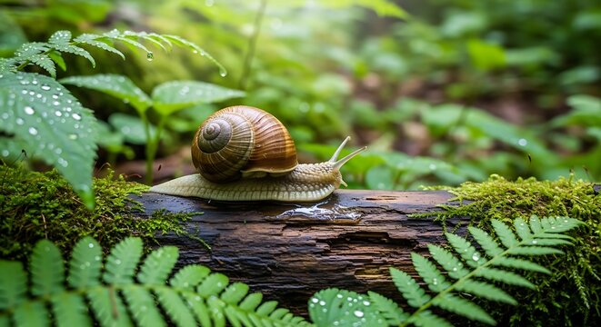A delicate snail, with a spiraled shell, leisurely crawls across a damp log in a lush, green forest.