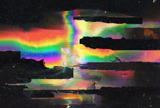 Abstract glitch art landscape rainbow distortion, textured dark shapes. Evokes a broken futuristic horizon. Distorted, surreal, and vibrant aesthetic