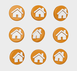 3D Home icons on a Orange circular base ideal for apps or home-related projects. 3d illustration