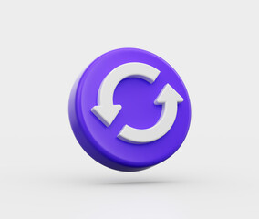 Purple circular button with a white refresh icon featuring two curved arrows, 3d illustration