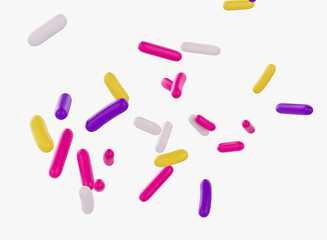 Bright and colorful candy sprinkles scattered on a white background, 3d illustration