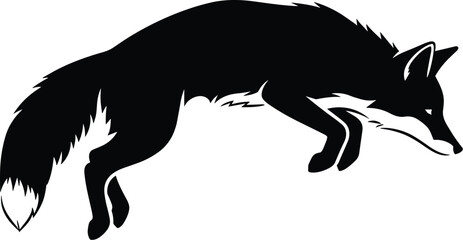 Minimal vector silhouette, leaping fox pounce arc, forelegs tucked, side profile, solid black