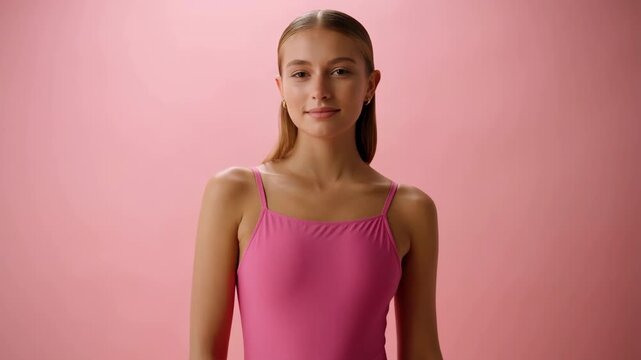 Young model posing in pink swimsuit on solid background. Media