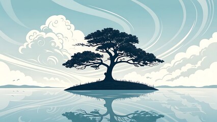 Vector illustration of a landscape with a tree by a lake, a green meadow, and blue sky with clouds