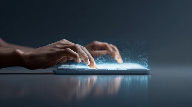 Hands typing on illuminated keyboard generating lines of code in virtual space, showcasing artificial intelligence assisting software development process