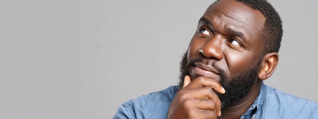 Thoughtful man considering ideas in a casual setting with a neutral background and a contemplative expression