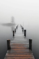 Obraz premium Misty Morning at the Tranquil Lake A Serene Wooden Pier Disappearing into the Foggy Horizon