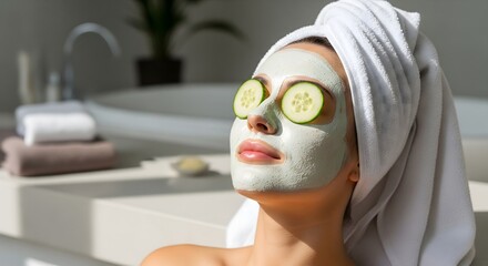 Woman with facial mask and cucumber slices on eyes relaxing in a bright bathroom setting indoors