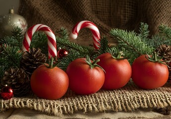 Photo of fresh tomatoes with pinecones and candy canes arranged on burlap and wicker