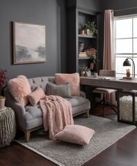 Fototapeta premium Cozy corner office with blush accents.