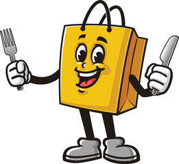 Cartoon shopping bag mascot holding a fork and knife