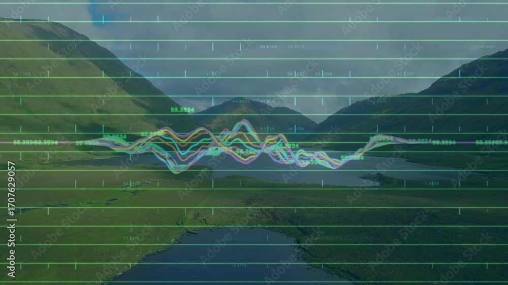 Poster upon grid overlay appearing, waveform traces oscillating over lake and hills, visualizing data flow