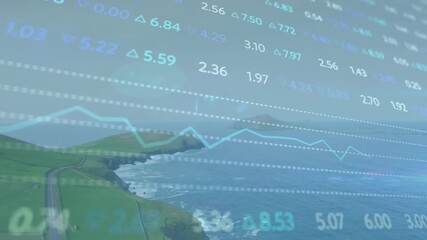 Financial overlay fading in at start over coastal cliff updating charts visualizing market trends - Powered by Adobe