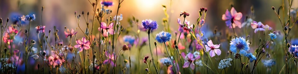 Blooming Field. A vivid meadow brimming with pink and blue wildflowers under a warm, dreamy sunlight. Soft, blurred background © velvet