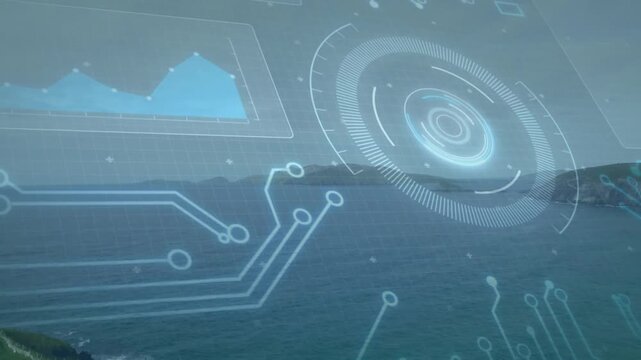 Frame fading in as teal graph pulsing, circuit lines animating, concentric HUD rotating for insight