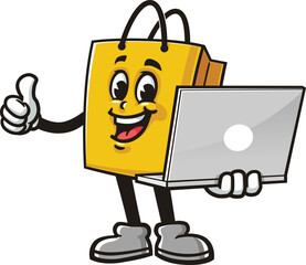 Cartoon shopping bag mascot holding a laptop