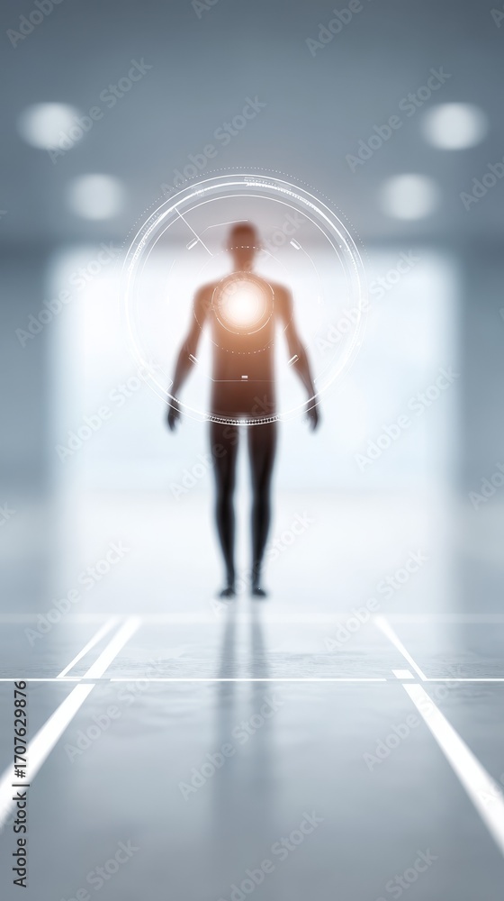 Poster man navigating futuristic virtual hallway interface, a journey into interactive digital worlds.