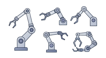 Robotics infographic elements featuring a diverse set of industrial robot arm icons. Vector collection of mechanical manipulators for automation