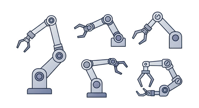 Robotics infographic elements featuring a diverse set of industrial robot arm icons. Vector collection of mechanical manipulators for automation