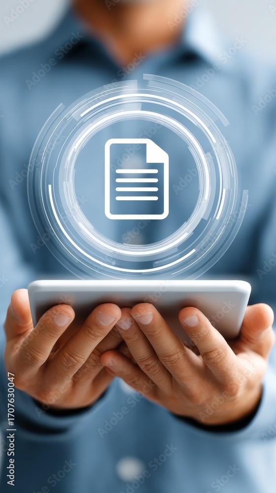 Poster man holding tablet displaying document icon, digital information access and management.