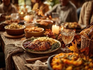 Obraz premium Thanksgiving feast with family sharing dishes, warm ambiance, fall leaves decor