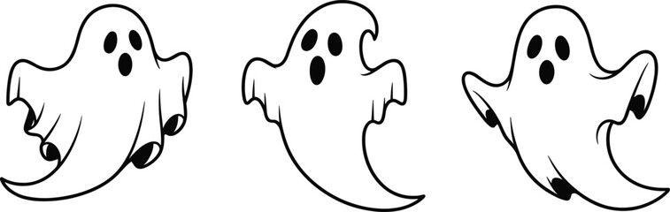 Cute cartoon ghost icons, spooky ghost illustrations, Halloween ghost designs, floating ghost characters, ghost with expressive face, ghost clipart set
