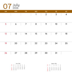 July 2026 Calendar. Week start on Sunday. Desk calendar 2026 design, simple and clean design, Wall calendar for print, digital calendar, Corporate design planner template vector.