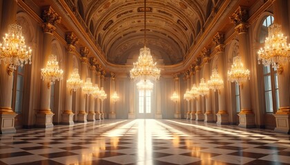 Fototapeta premium Grand royal ballroom interior featuring intricate golden detailing, elegant chandeliers, checkered marble floor. Sunlight streams through large windows, casting dramatic shadows. Rich baroque