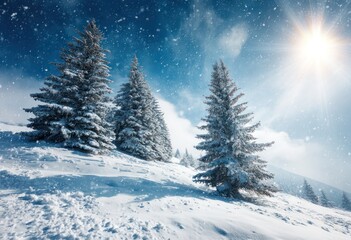 Fototapeta premium Snowy hillside with tall, snow-covered evergreens under a bright sun and blue sky with falling snow. A serene winter landscape