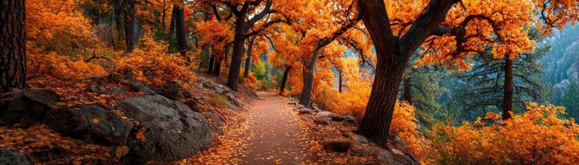 Fototapeta premium Vibrant autumn leaves, crisp fall air, sunlight filtering, serene forest trail