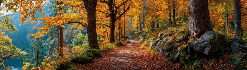 Fototapeta premium Vibrant autumn leaves, crisp fall air, sunlight filtering, serene forest trail