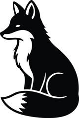 Minimal vector silhouette, sitting fox alert ears up tail wrapped to paws, side view, solid black