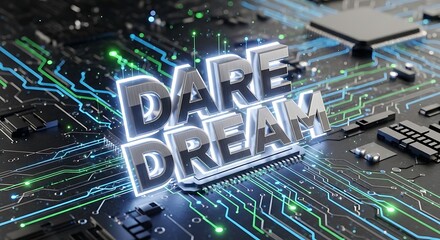 Modern technology concept showcasing the words "Dare Dream" with glowing metallic text on a complex circuit board.