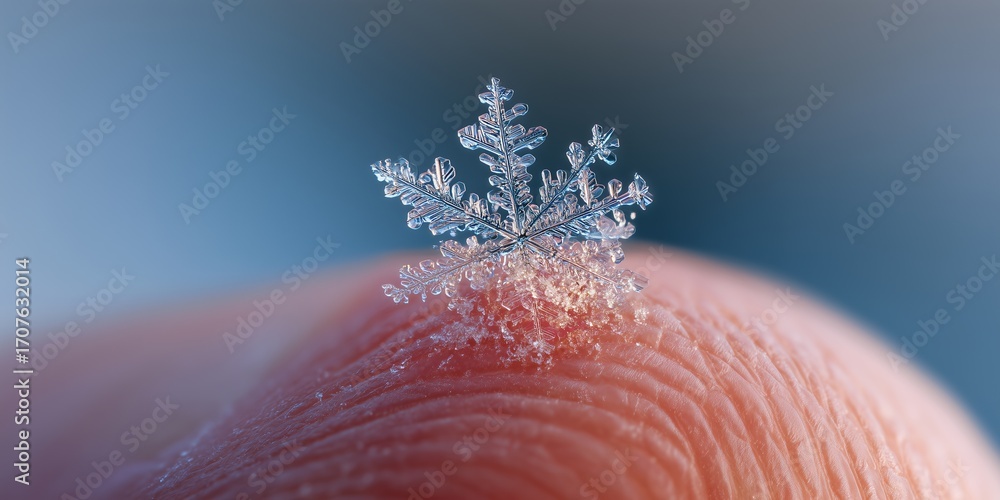 Poster intricate snowflake resting delicately on a fingertip showcasing nature's unique design