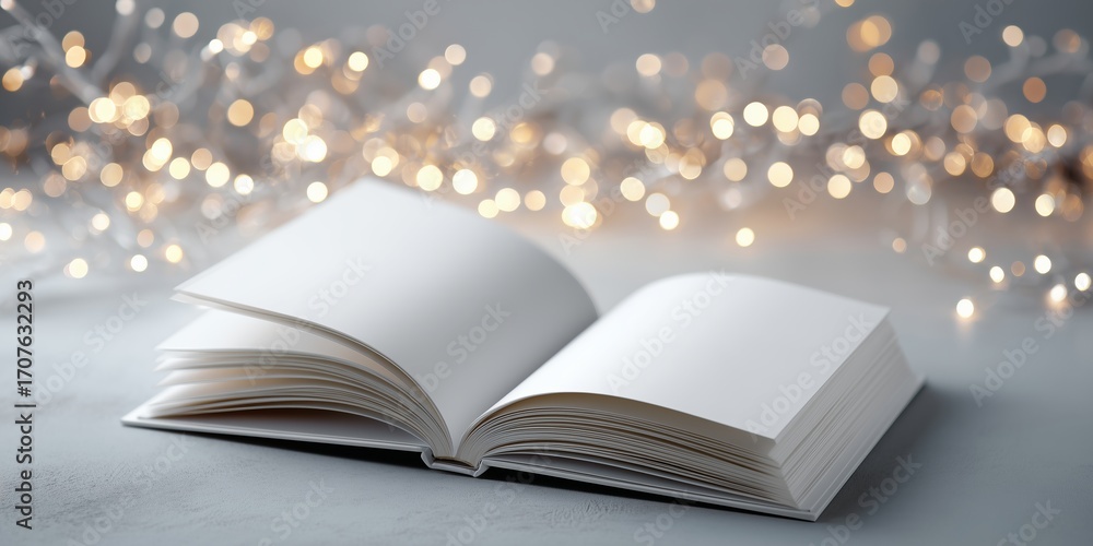 Poster open blank book on a table with soft bokeh lights creating a dreamy atmosphere for creativity