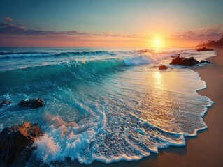 Wide-angle view of a serene beach at sunset, waves gently kissing the shore