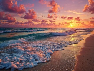 Wide-angle view of a serene beach at sunset, waves gently kissing the shore