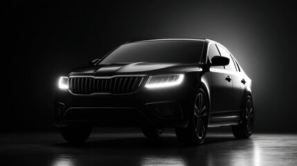 Sleek black car studio shot; front view illuminated, low key, dark background & smooth floor creates a sophisticated, elegant, luxurious feel