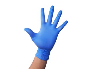 close up hand wearing blue medical glove showing five fingers. Latex Glove. isolated on white background.