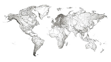 World map, grayscale, topographic detail