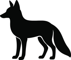 Minimal vector silhouette, standing fox attentive, bushy tail down, side profile, solid black