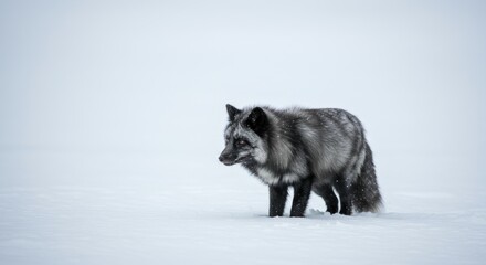Fototapeta premium Silver Fox on the prowl: An alert silver fox, its beautiful grey and black coat contrasting sharply with the pristine winter backdrop. Poised with striking focus amid the snow.