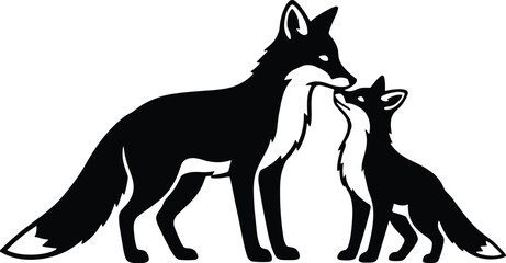 Minimal vector silhouette, vixen with kit nuzzling, side view, solid black